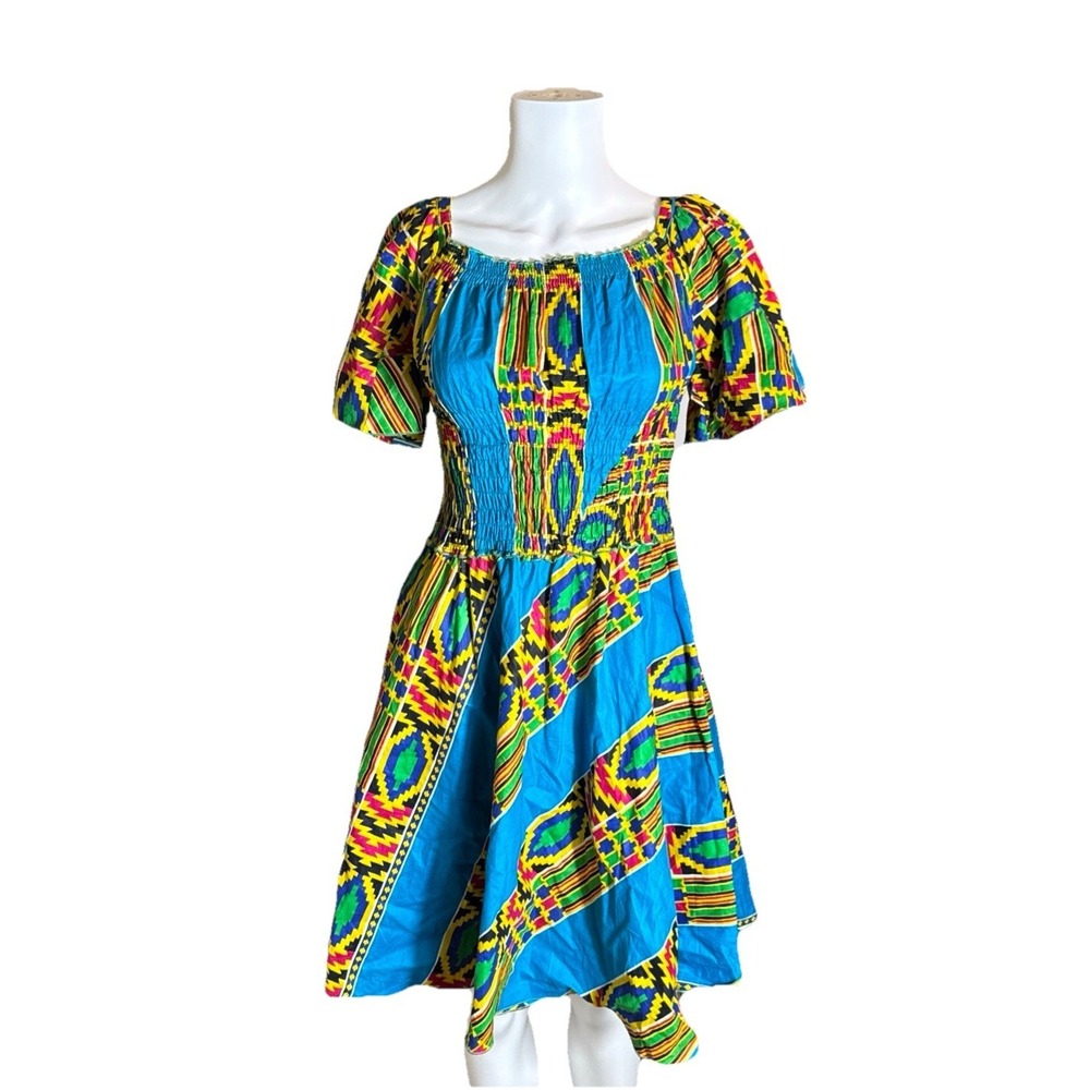Vibrant Kente Print Smocked Bodice Dress Blue Yellow‎ Geometric Short Sleeve